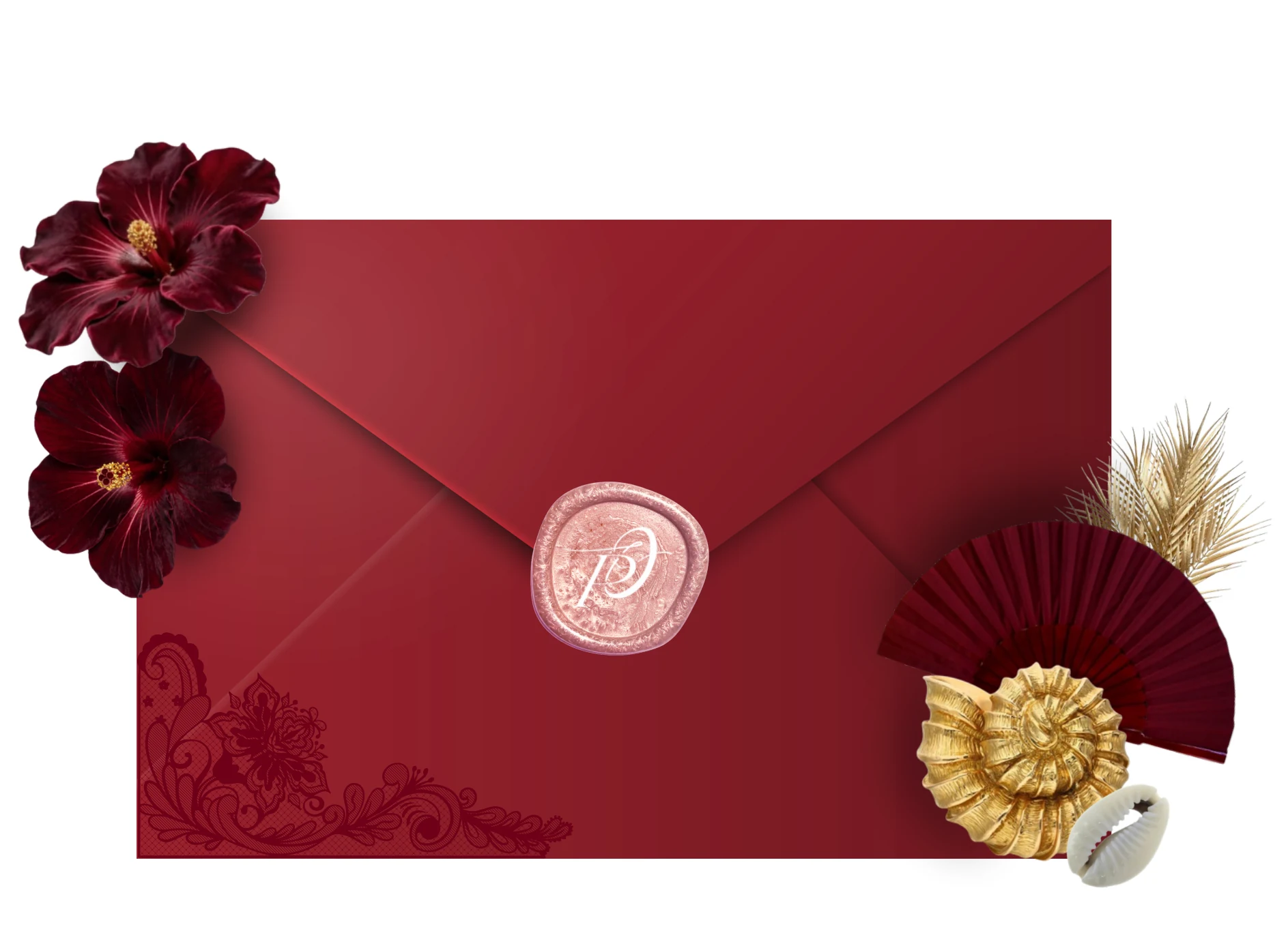 A wine-red envelope sealed with a pink wax seal, framed by hibiscus flowers, a hand fan, gold shell and cowrie