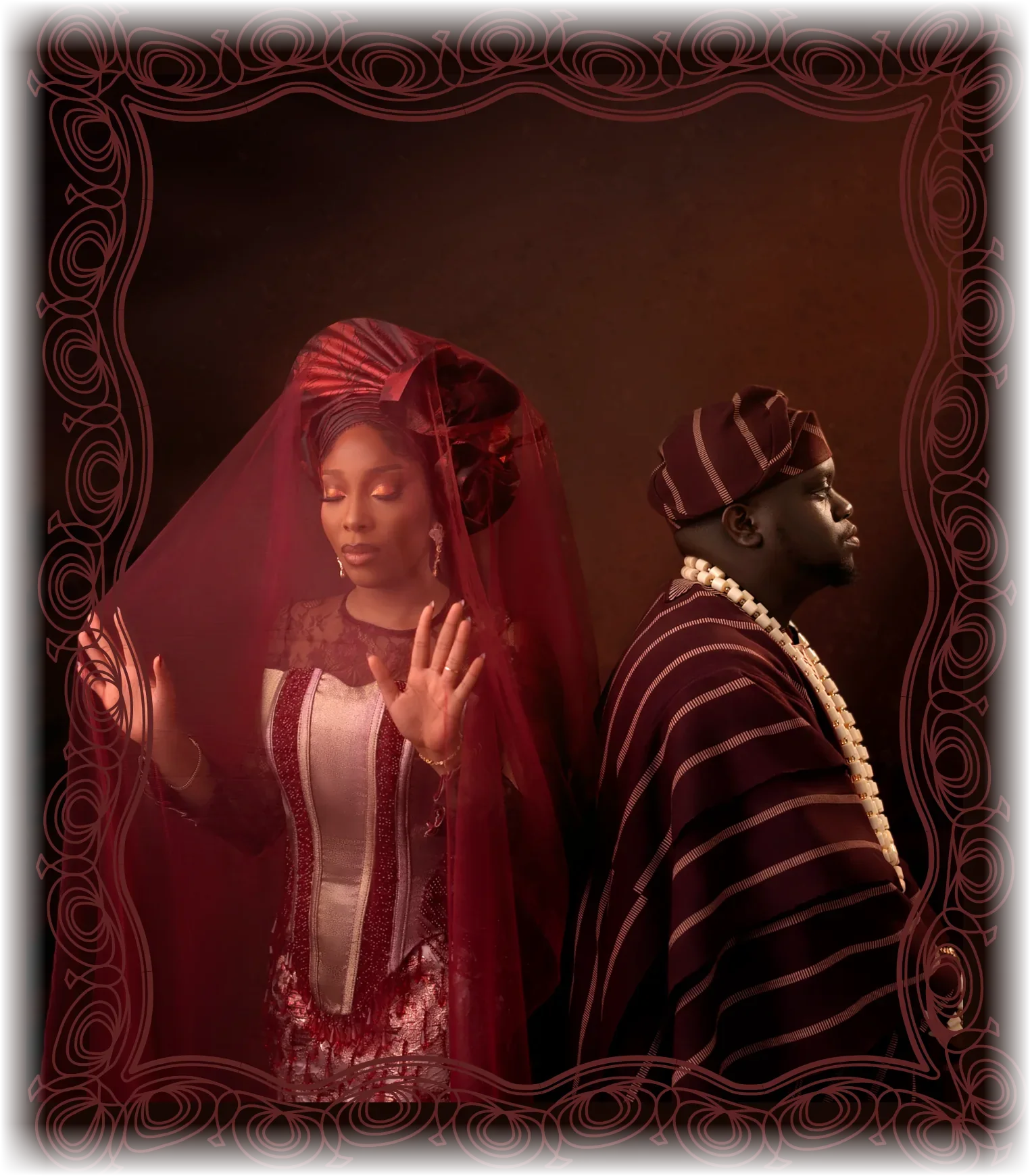 Precious and Osemudiamen in traditional attire, in a decorative wreath frame