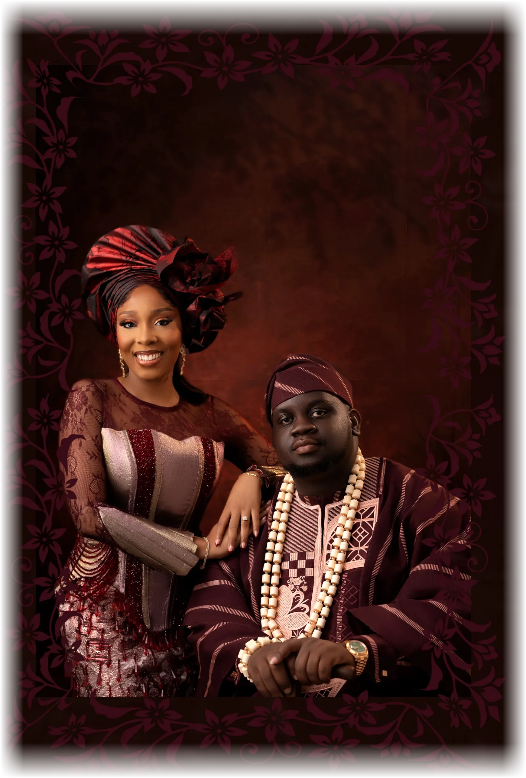 Precious and Osemudiamen in a floral wreath frame