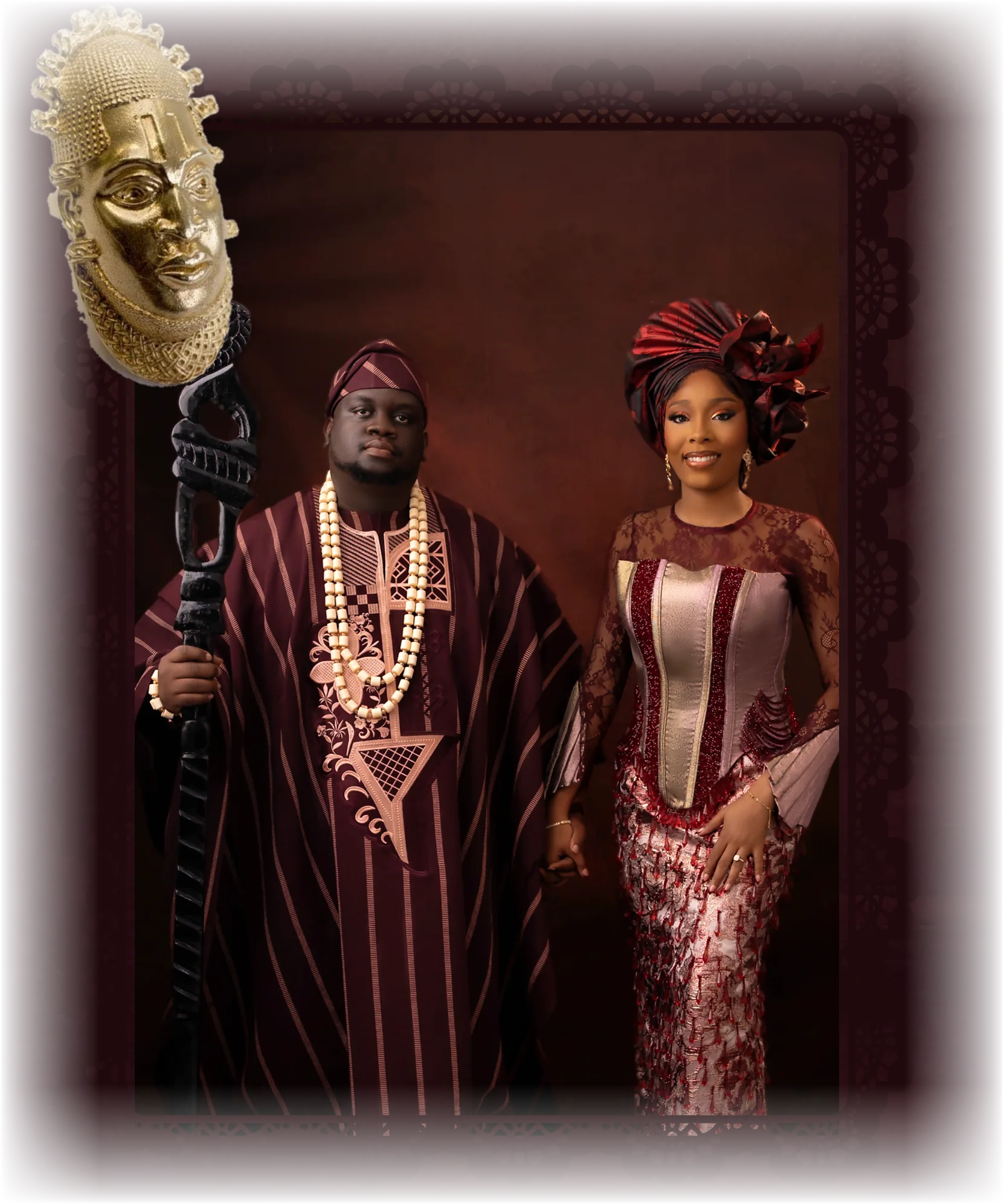 Precious and Osemudiamen in full traditional dress, framed in lace, with a Benin bronze mask